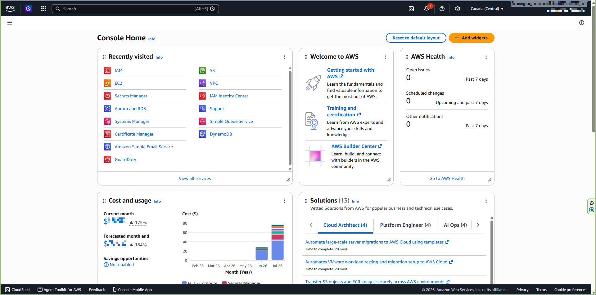 AWS Management Console dashboard screenshot